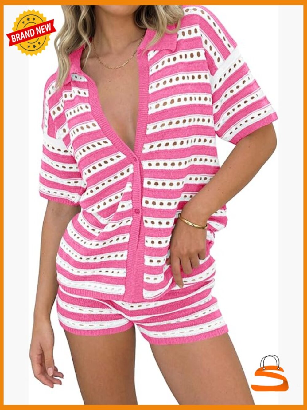 Large Knit Crochet Swimsuit Coverup Two Piece Set Short Sleeve Button Top Shorts